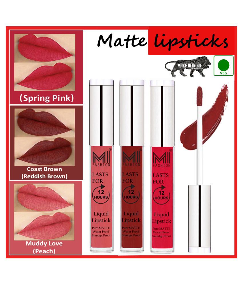     			MI FASHION Matte Lips Intens Color Payoff Liquid Lipstick Reddish Brown,Pink Peach Pack of 3 9 mL