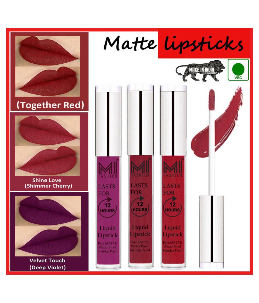     			MI FASHION Matte Lips Intens Color Payoff Liquid Lipstick Cherry Red,Red Purple Pack of 3 9 mL
