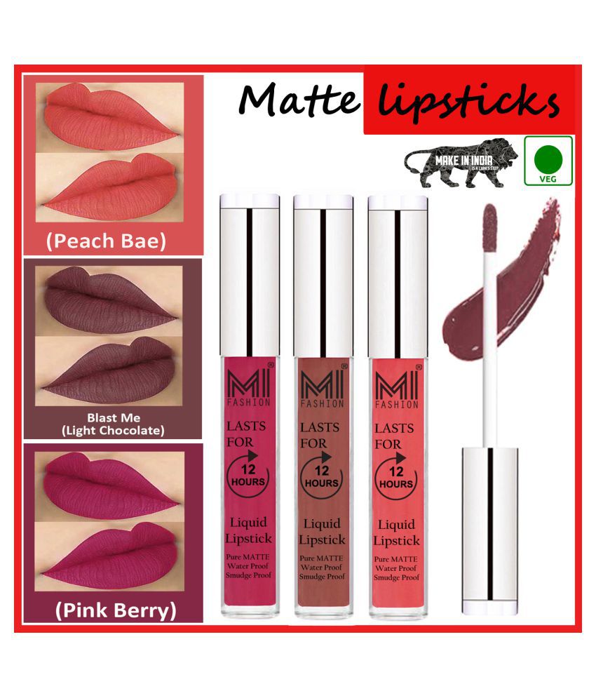     			MI FASHION Matte Lips Kiss Proof Vegan Liquid Lipstick Chocolate,Peach Ruby Pink Pack of 3 9 mL