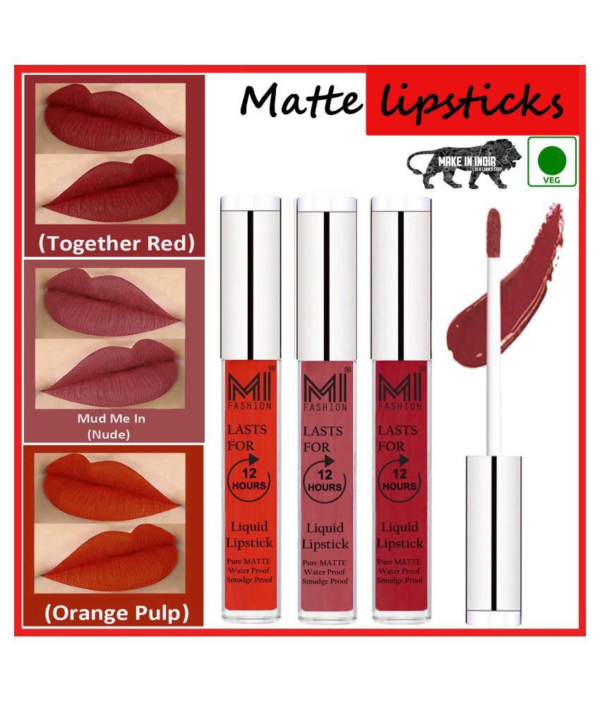     			MI FASHION Matte Lips Kiss Proof Vegan Liquid Lipstick Nude,Red Orange Pack of 3 9 mL