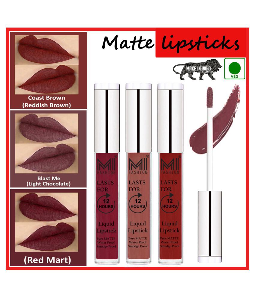     			MI FASHION Matte Lips Kiss Proof Vegan Liquid Lipstick Chocolate,Red Brown Red Pack of 3 9 mL