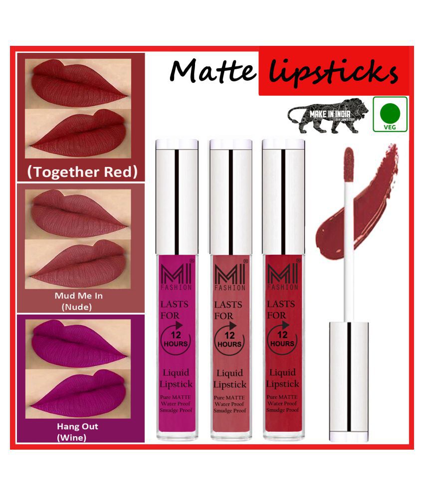     			MI FASHION Matte Lips Kiss Proof Vegan Liquid Lipstick Nude,Red Wine Pack of 3 9 mL