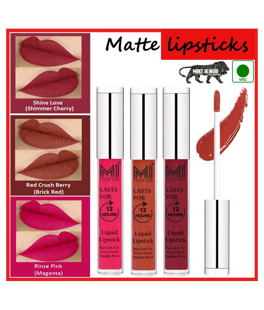     			MI FASHION Matte Lips Kiss Proof Vegan Liquid Lipstick Brick Red,Cherry Red Ruby Pink Pack of 3 9 mL