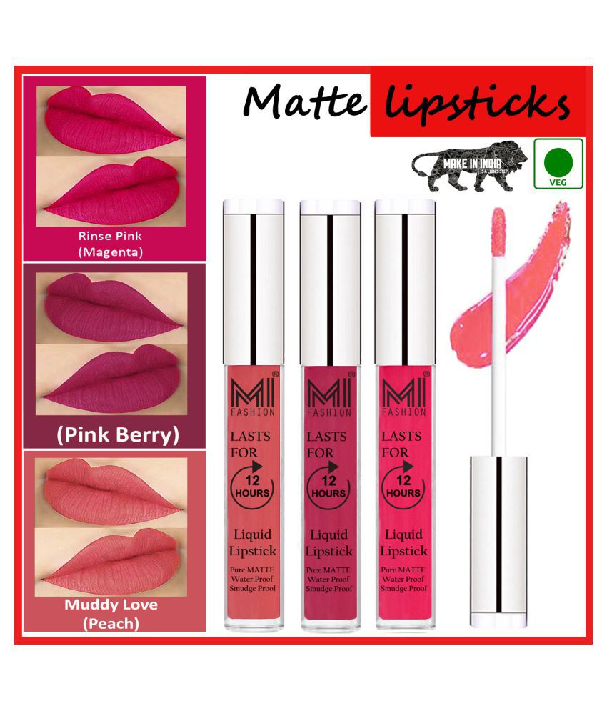     			MI FASHION Matte Lips Kiss Proof Vegan Liquid Lipstick Peach,Pink Pink Pack of 3 9 mL