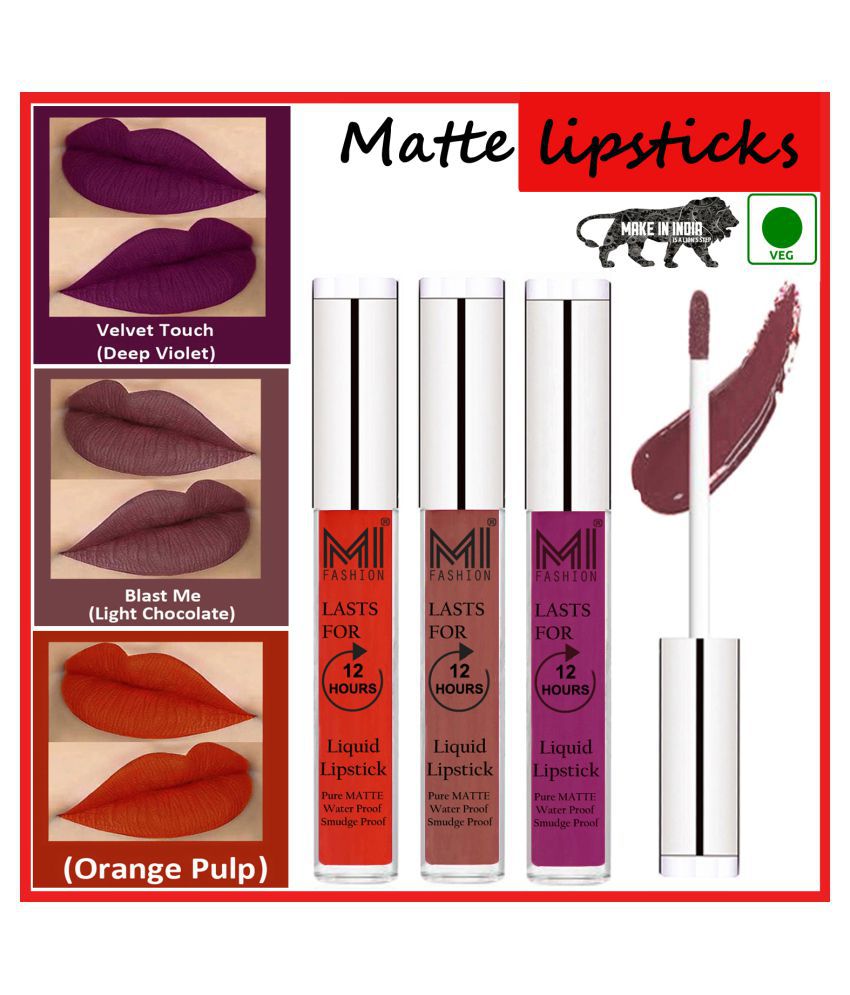     			MI FASHION Matte Lips Long Lasting Vegan Liquid Lipstick Chocolate,Violet Orange Pack of 3 9 mL