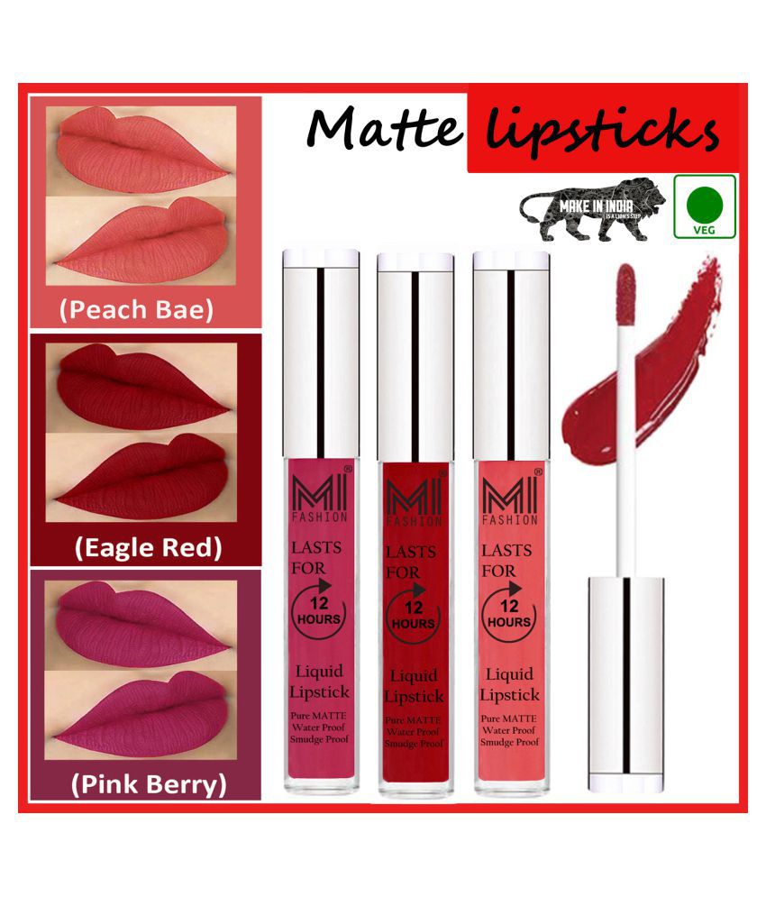     			MI FASHION Matte Lips Long Lasting Vegan Liquid Lipstick Red,Peach Ruby Pink Pack of 3 9 mL