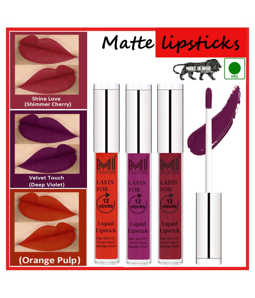    			MI FASHION Smudge Proof Matte Lips Liquid Lipstick Violet,Cherry Red Orange Pack of 3 9 mL