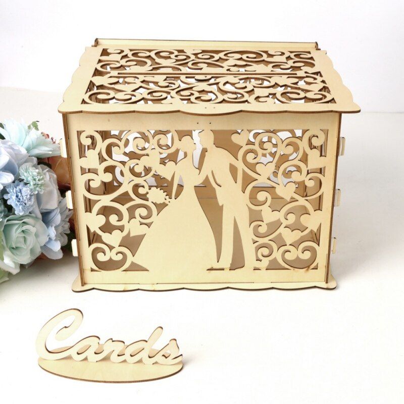 Hollow Design Diy Wedding Card Box With Lock And Card Sign Gift