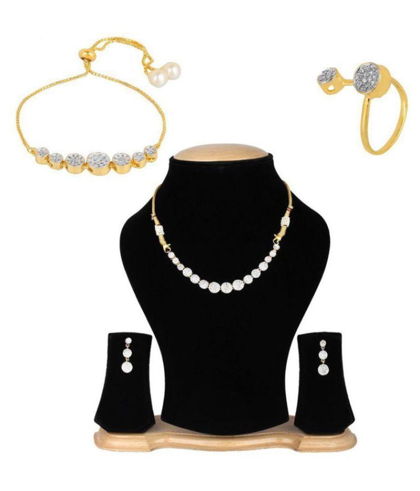     			Zeneme American Diamond Party Wear Traditional Stylish Fashion Jewellerry Combo of Necklace Pendant Set/Ring /Bracelet with Earring for Women/Girls