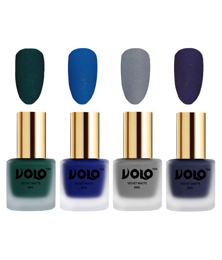     			VOLO Velvet Dull Matte Posh Shades Nail Polish Green,Blue,Grey, Blue Matte Pack of 4 32 mL