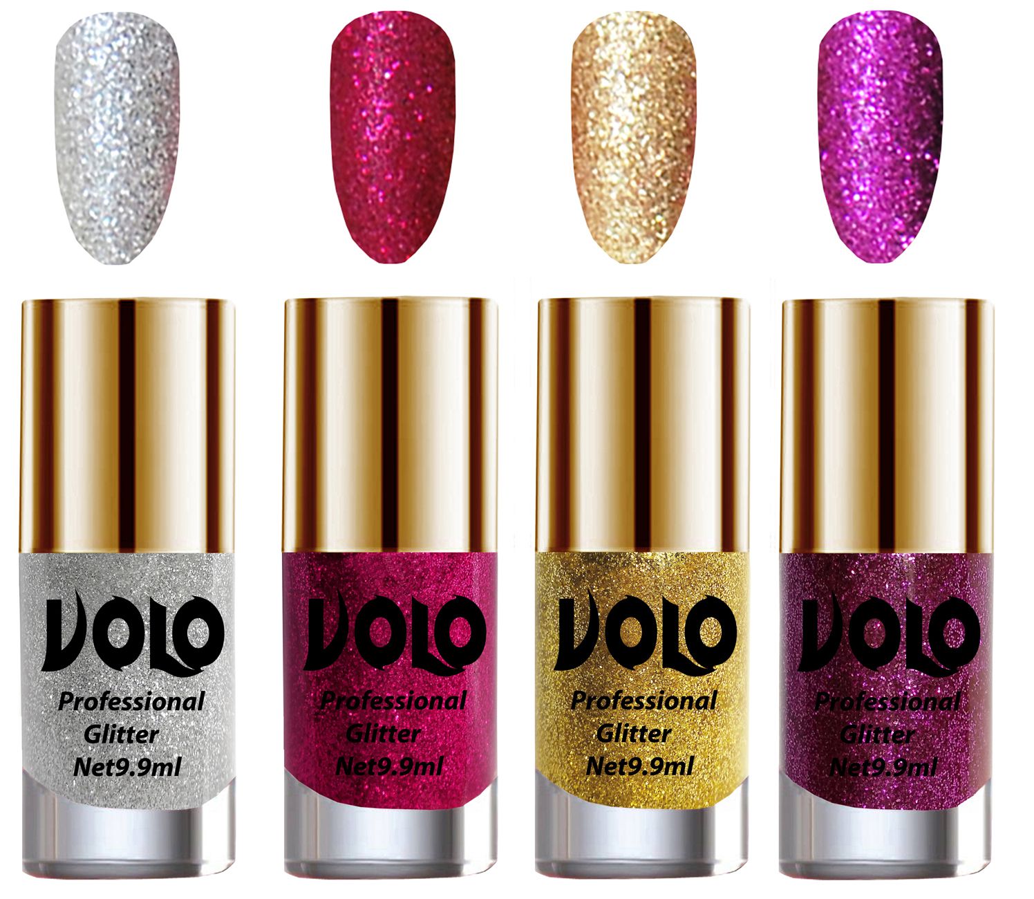     			VOLO Professionally Used Glitter Shine Nail Polish Silver,Magenta,Gold Purple Pack of 4 39 mL