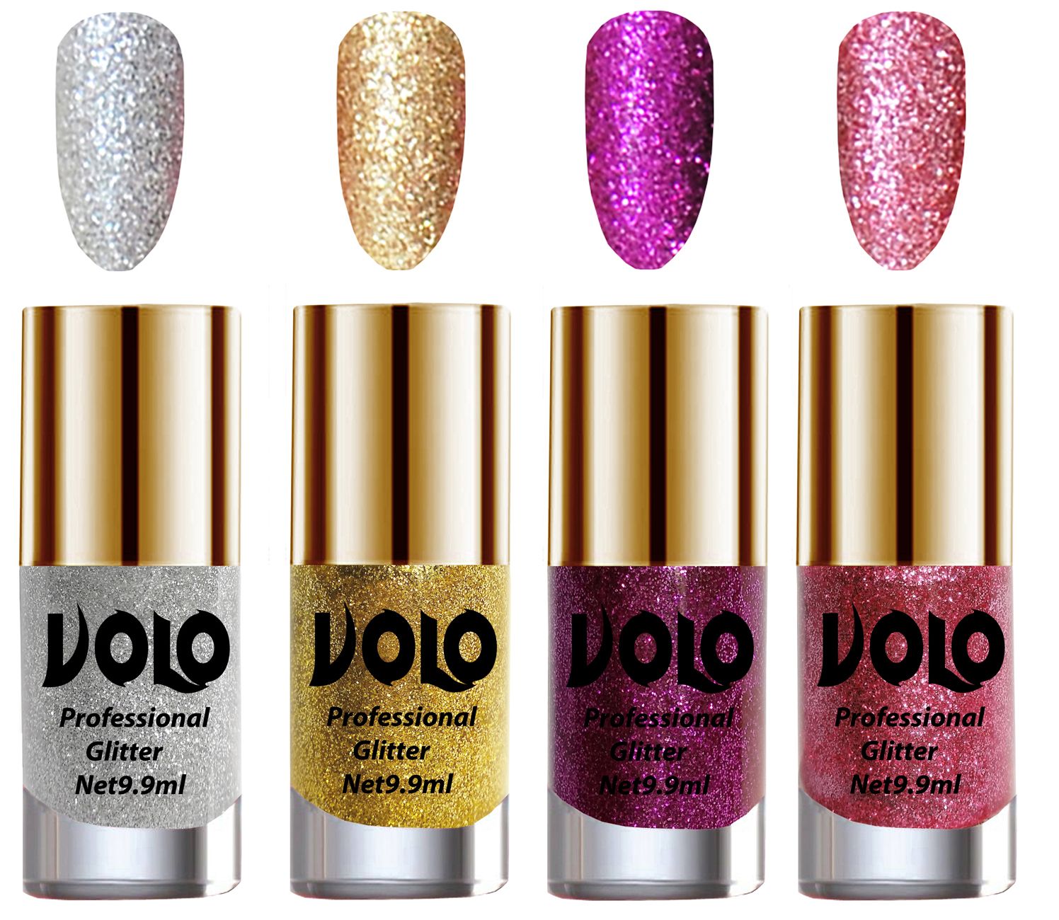     			VOLO Professionally Used Glitter Shine Nail Polish Silver,Gold,Purple Pink Pack of 4 39 mL