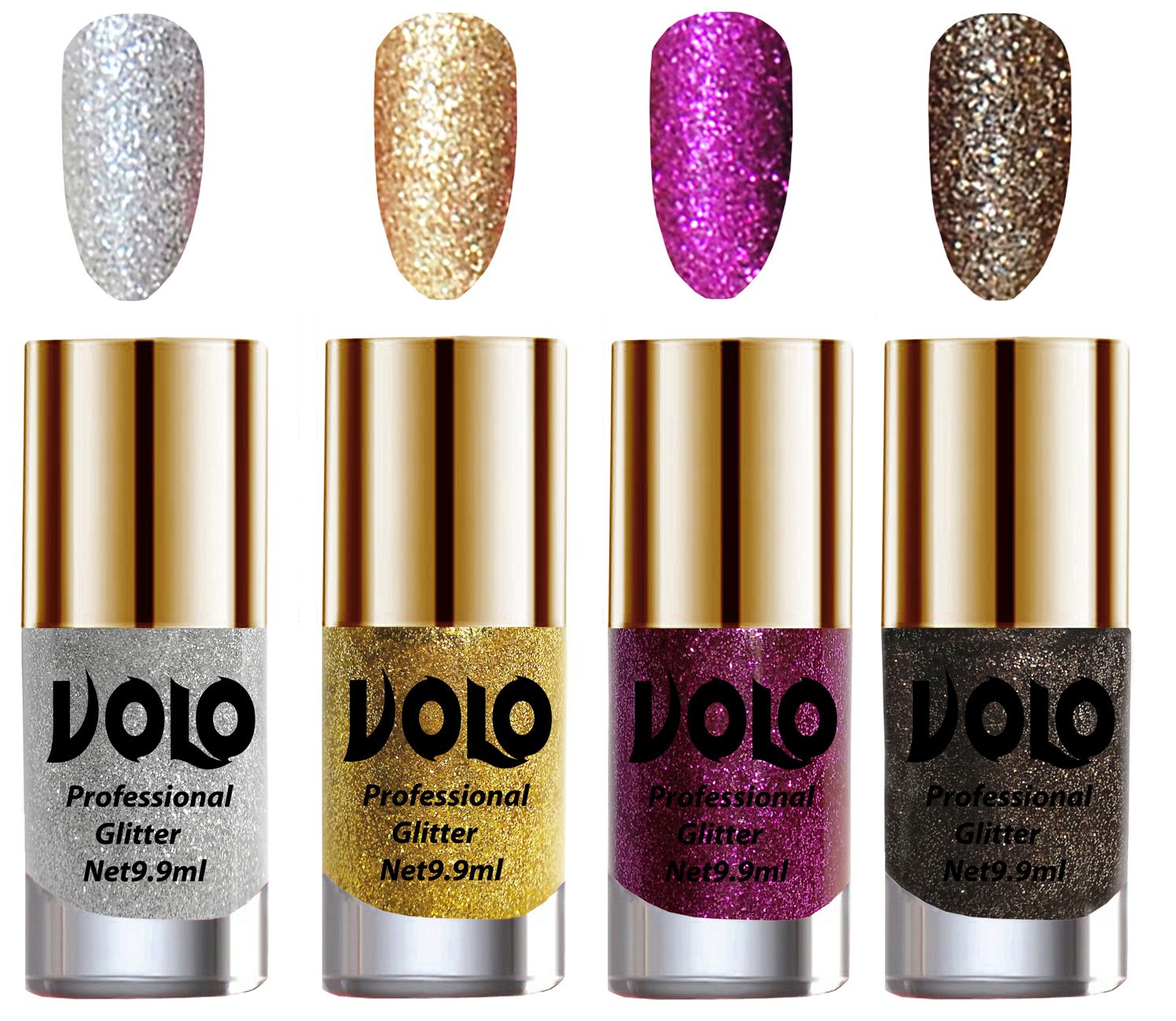     			VOLO Professionally Used Glitter Shine Nail Polish Silver,Gold,Purple Grey Pack of 4 39 mL
