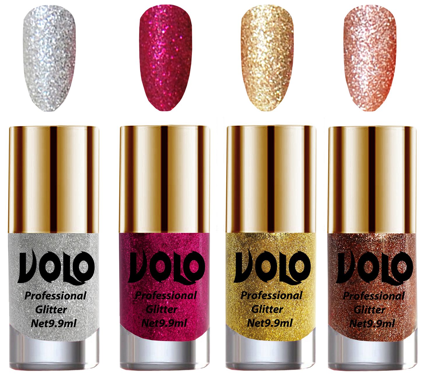     			VOLO Professionally Used Glitter Shine Nail Polish Silver,Magenta,Gold Pink Pack of 4 39 mL