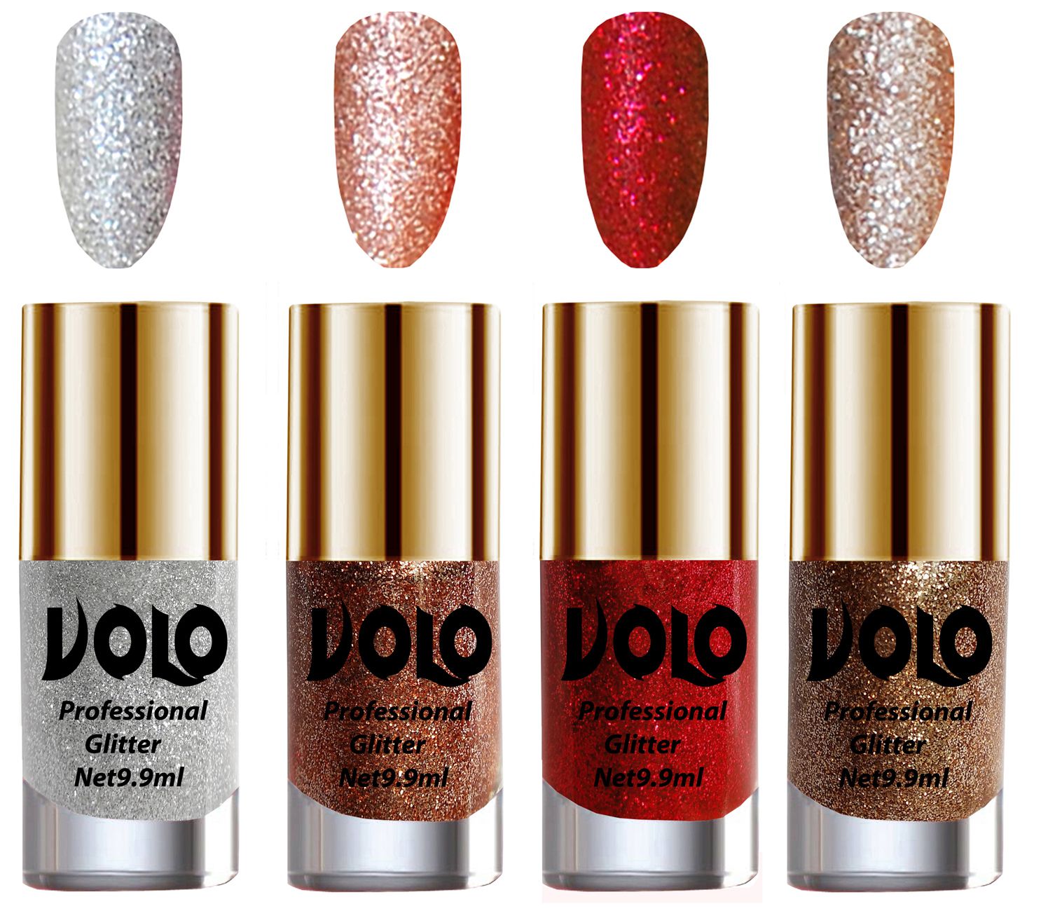     			VOLO Professionally Used Glitter Shine Nail Polish Silver,Peach,Red Gold Pack of 4 39 mL