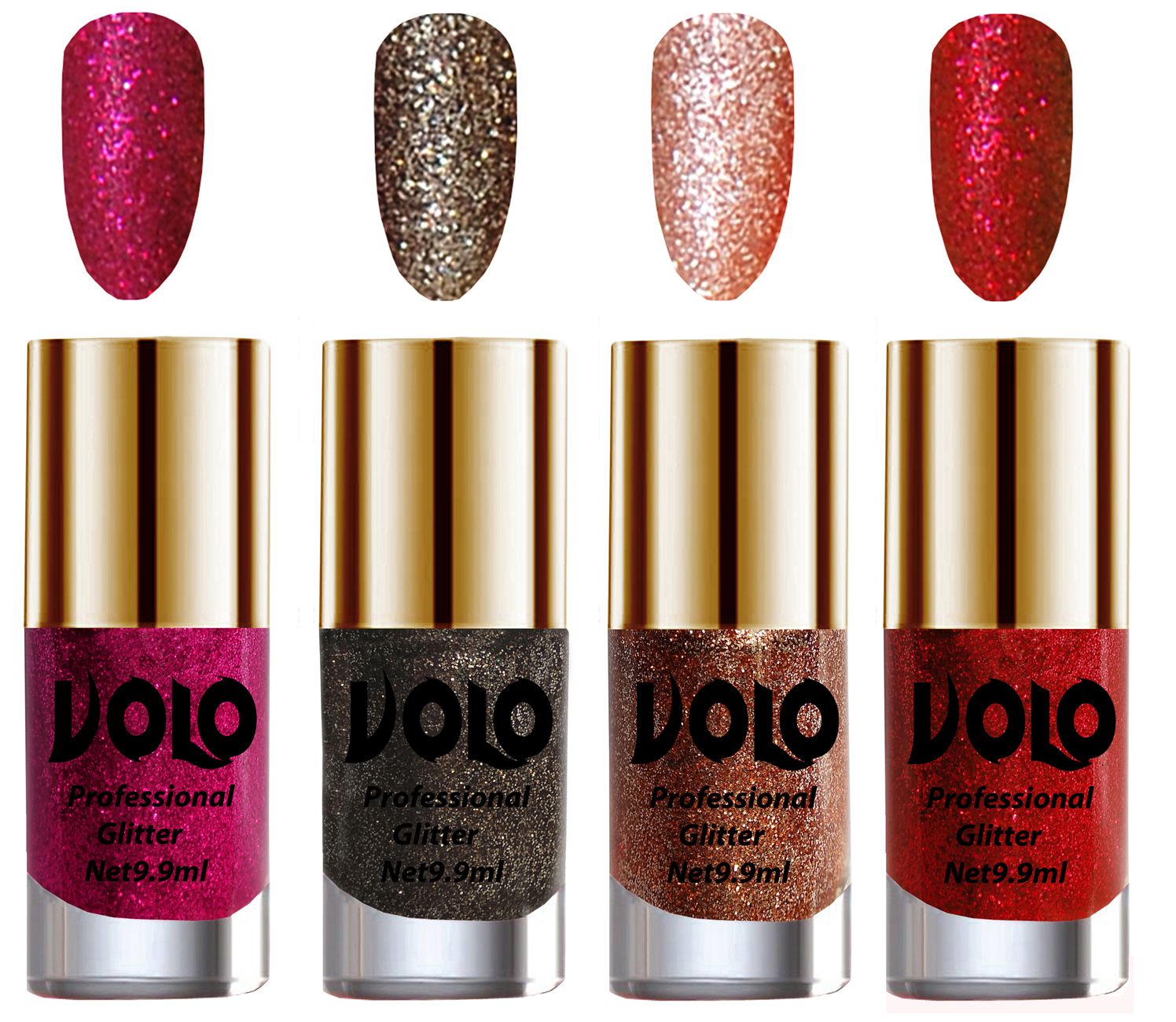     			VOLO Professionally Used Glitter Shine Nail Polish Magenta,Grey,Peach Red Pack of 4 39 mL