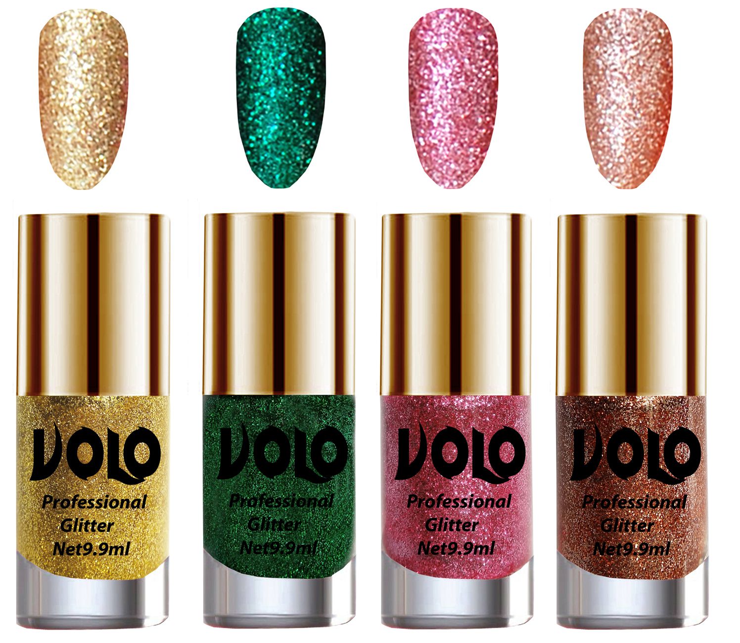     			VOLO Professionally Used Glitter Shine Nail Polish Gold,Green,Pink Red Pack of 4 39 mL