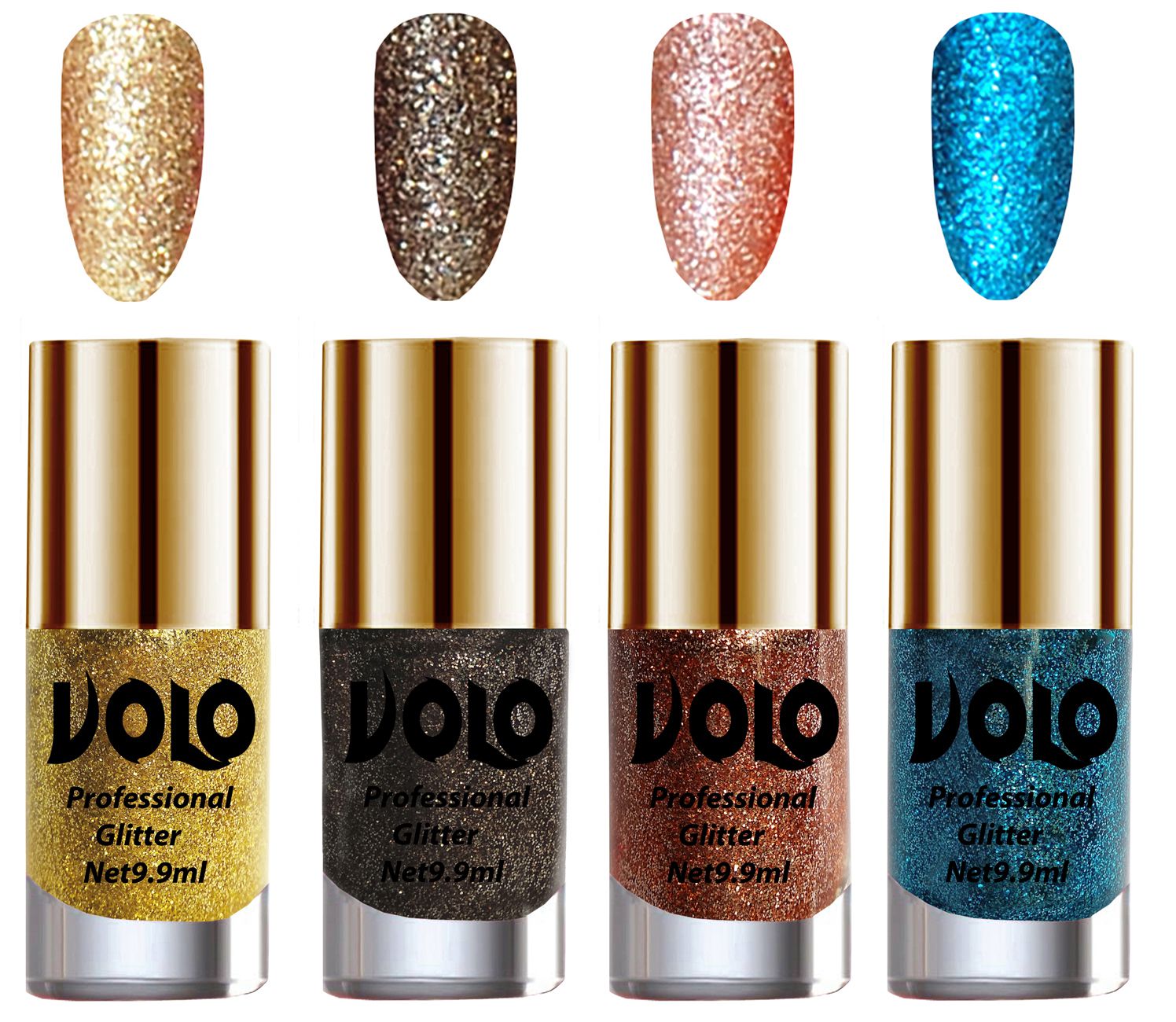     			VOLO Professionally Used Glitter Shine Nail Polish Gold,Grey,Peach Blue Pack of 4 39 mL