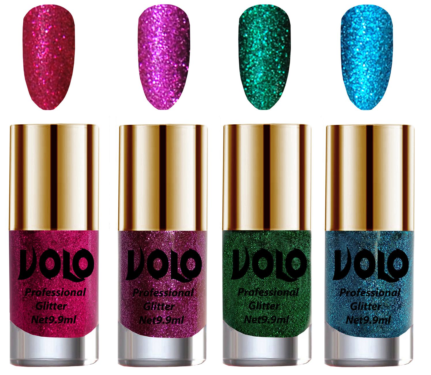     			VOLO Professionally Used Glitter Shine Nail Polish Magenta,Purple,Green Blue Pack of 4 39 mL