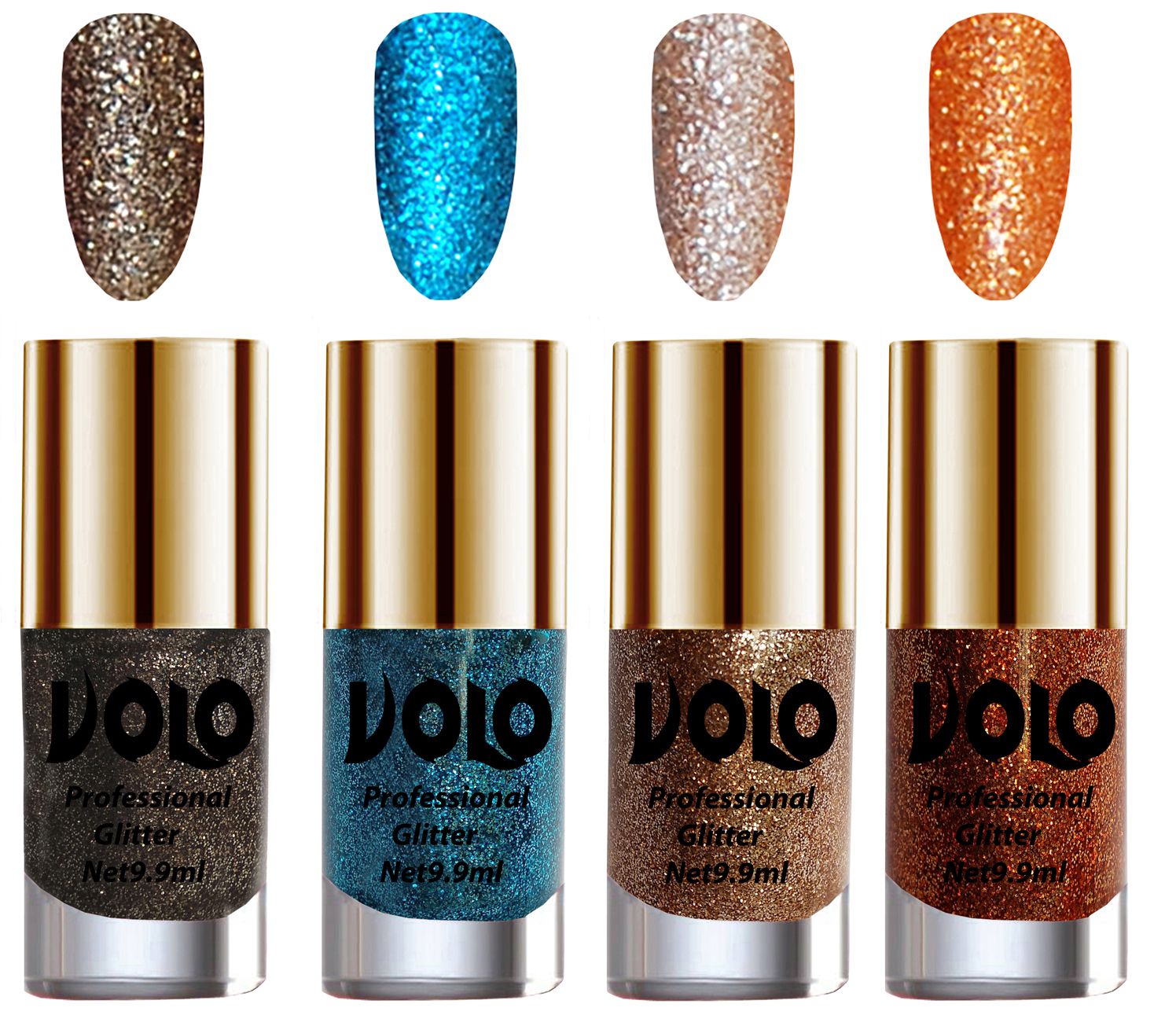     			VOLO Professionally Used Glitter Shine Nail Polish Grey,Blue,Gold Orange Pack of 4 39 mL