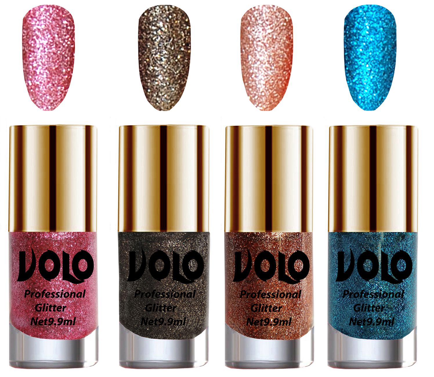     			VOLO Professionally Used Glitter Shine Nail Polish Pink,Grey,Peach Blue Pack of 4 39 mL