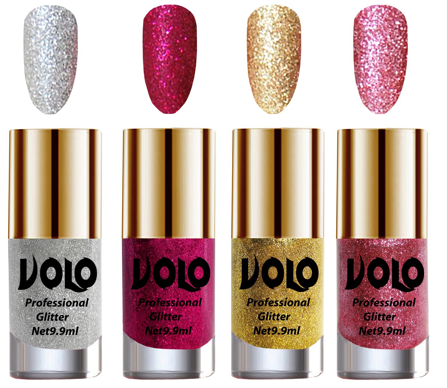     			VOLO Professionally Used Glitter Shine Nail Polish Silver,Magenta,Gold Pink Pack of 4 39 mL
