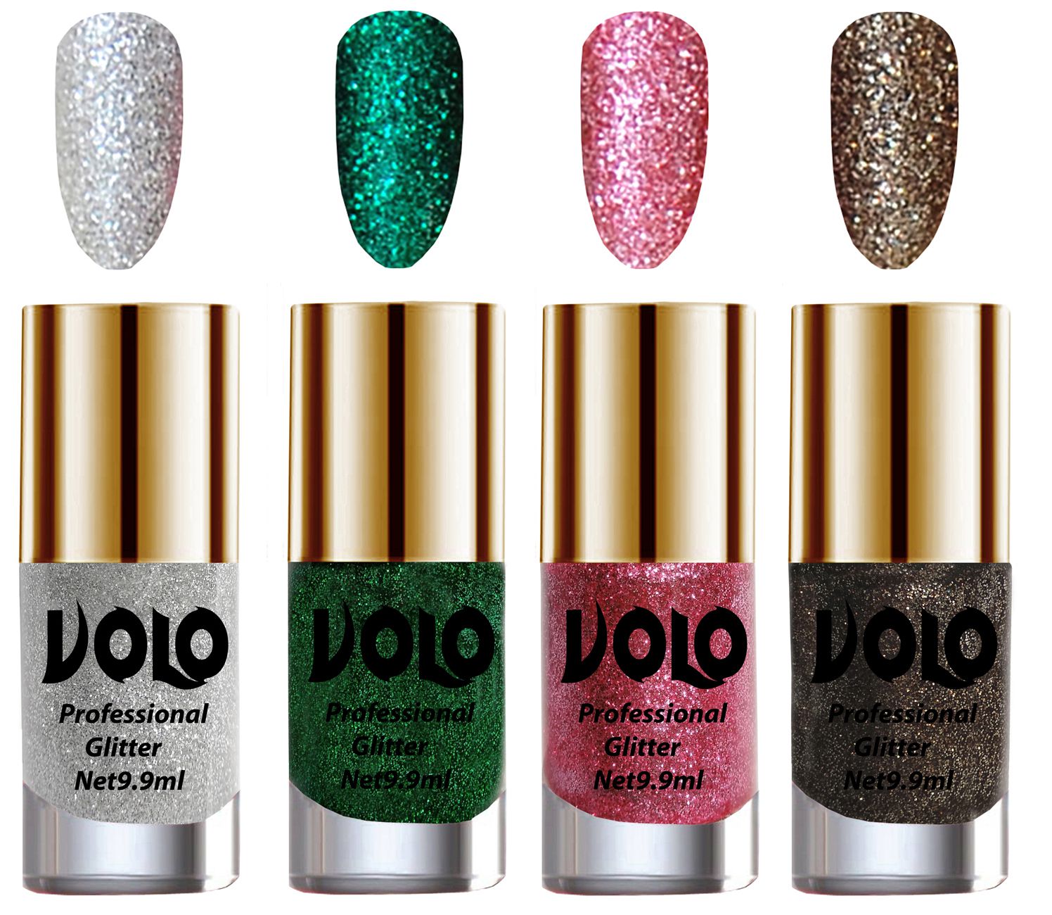     			VOLO Professionally Used Glitter Shine Nail Polish Silver,Green,Pink Grey Pack of 4 39 mL