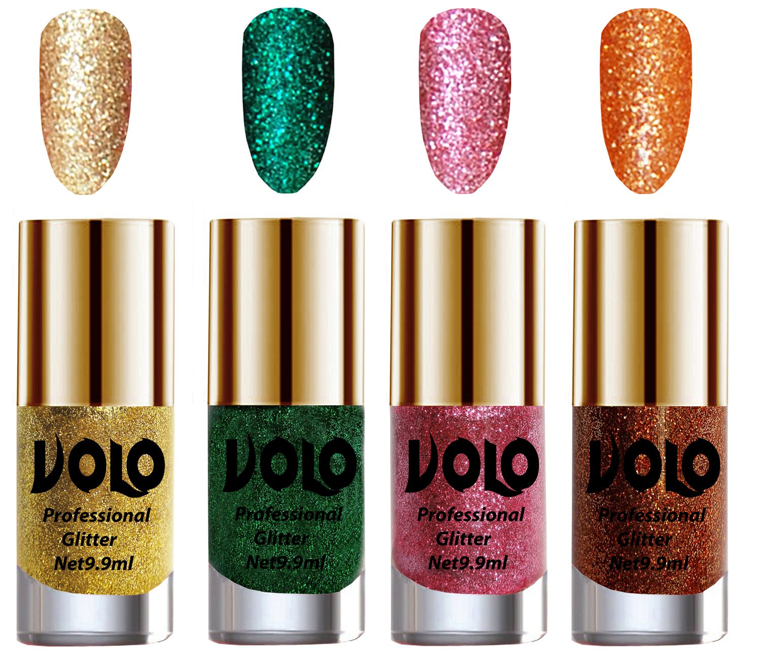     			VOLO Professionally Used Glitter Shine Nail Polish Gold,Green,Pink Orange Pack of 4 39 mL