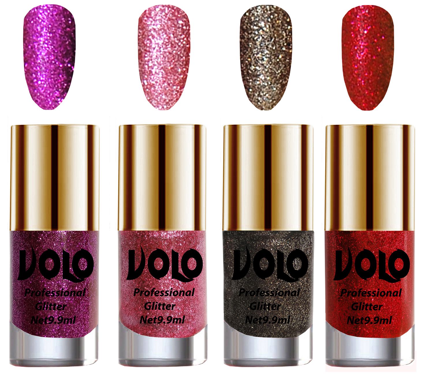     			VOLO Professionally Used Glitter Shine Nail Polish Purple,Pink,Grey Red Pack of 4 39 mL