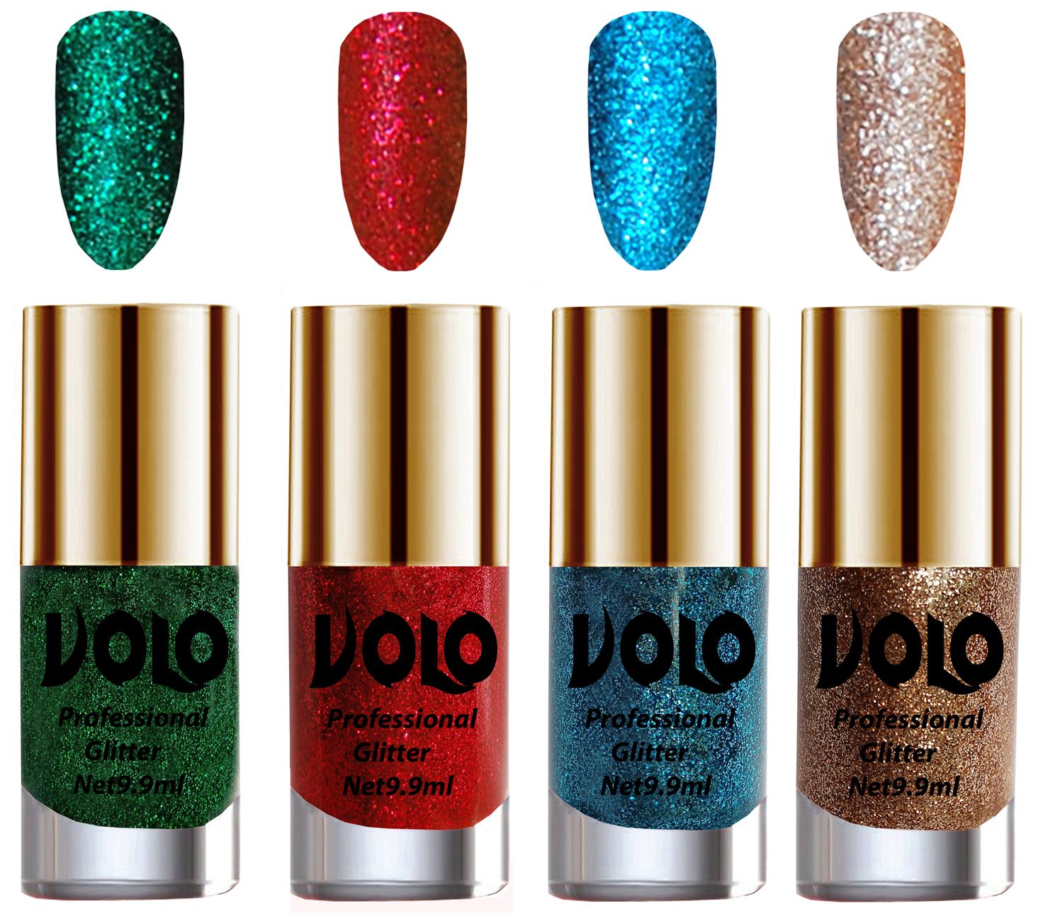     			VOLO Professionally Used Glitter Shine Nail Polish Green,Red,Blue Gold Pack of 4 39 mL