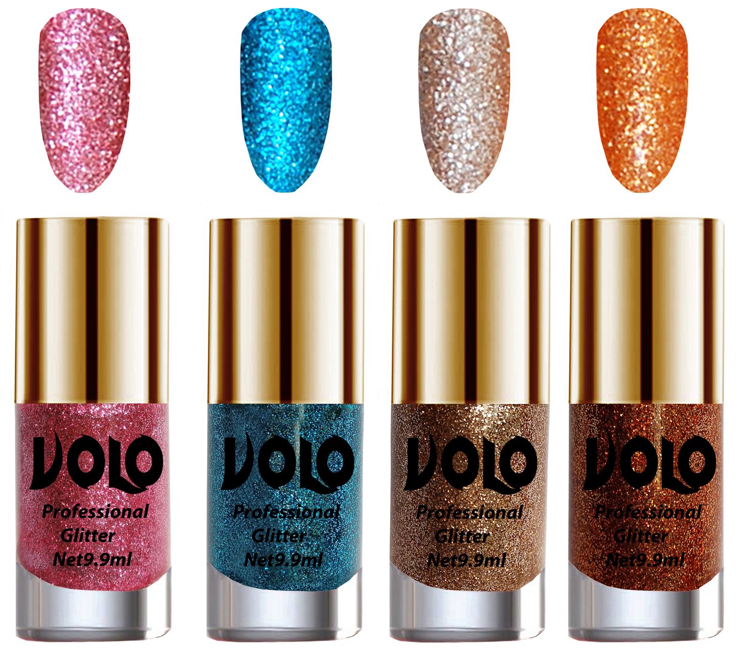     			VOLO Professionally Used Glitter Shine Nail Polish Pink,Blue,Gold Orange Pack of 4 39 mL