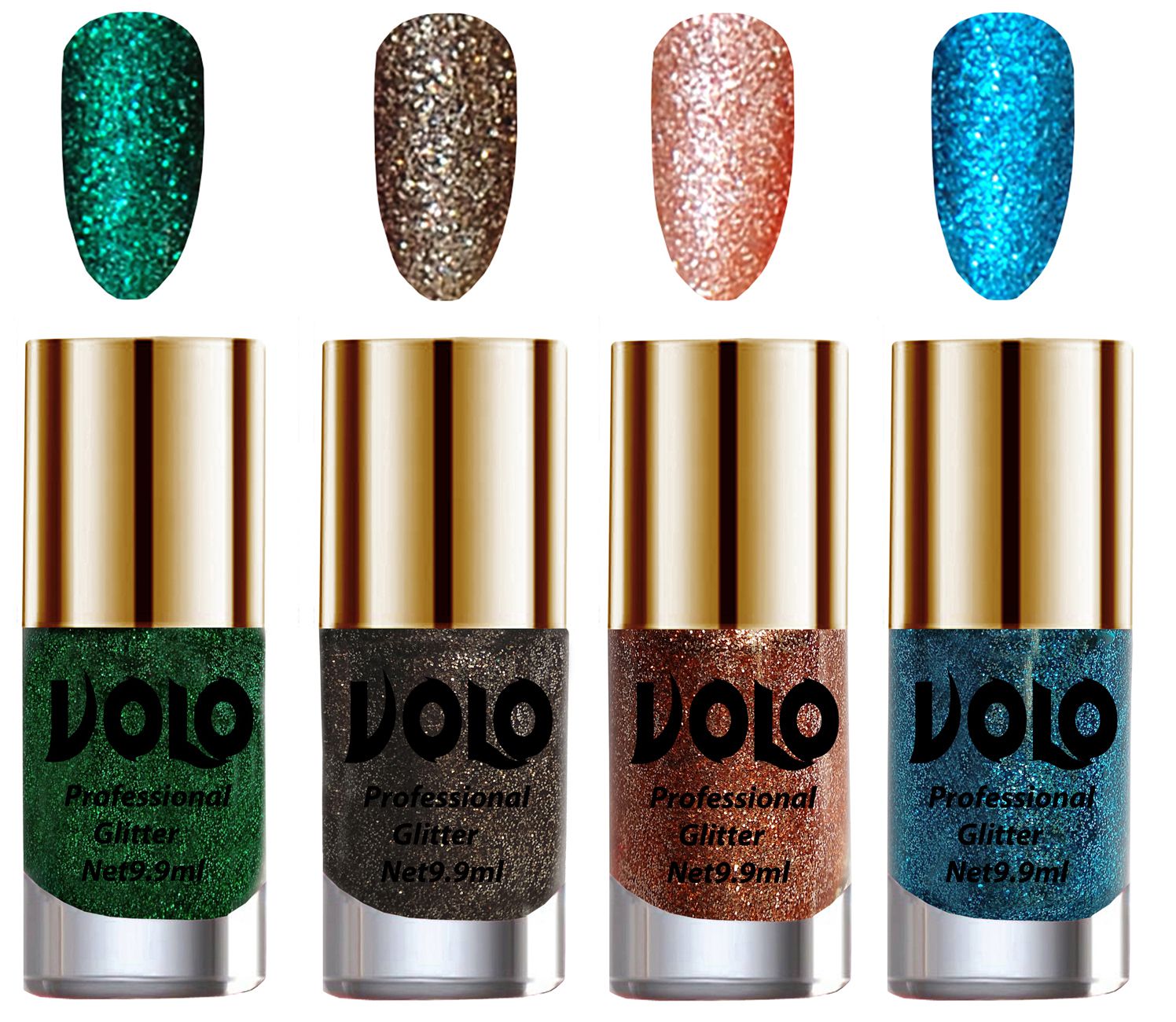    			VOLO Professionally Used Glitter Shine Nail Polish Green,Grey,Peach Blue Pack of 4 39 mL