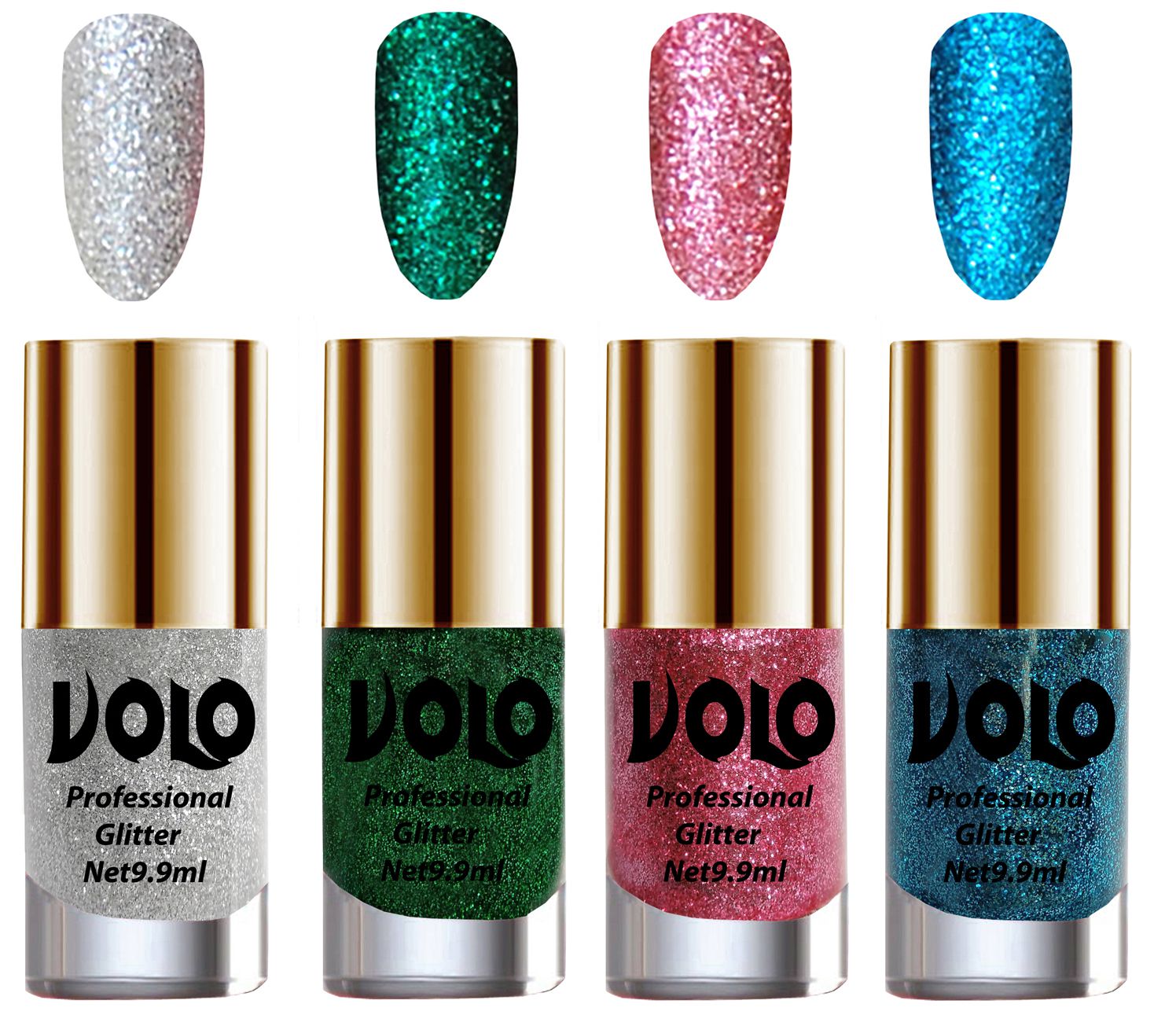    			VOLO Professionally Used Glitter Shine Nail Polish Silver,Green,Pink Blue Pack of 4 39 mL
