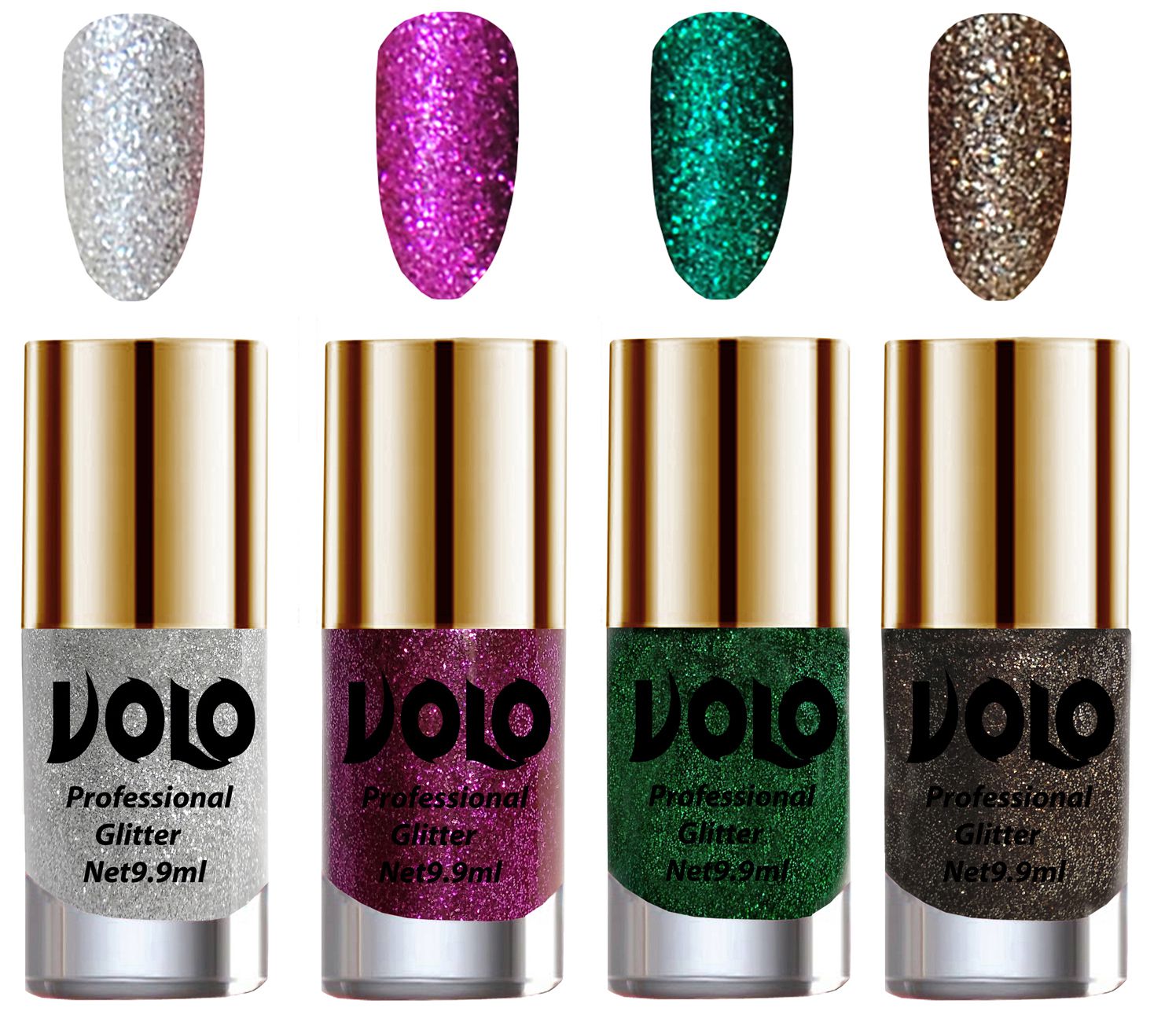     			VOLO Professionally Used Glitter Shine Nail Polish Silver,Purple,Green Grey Pack of 4 39 mL