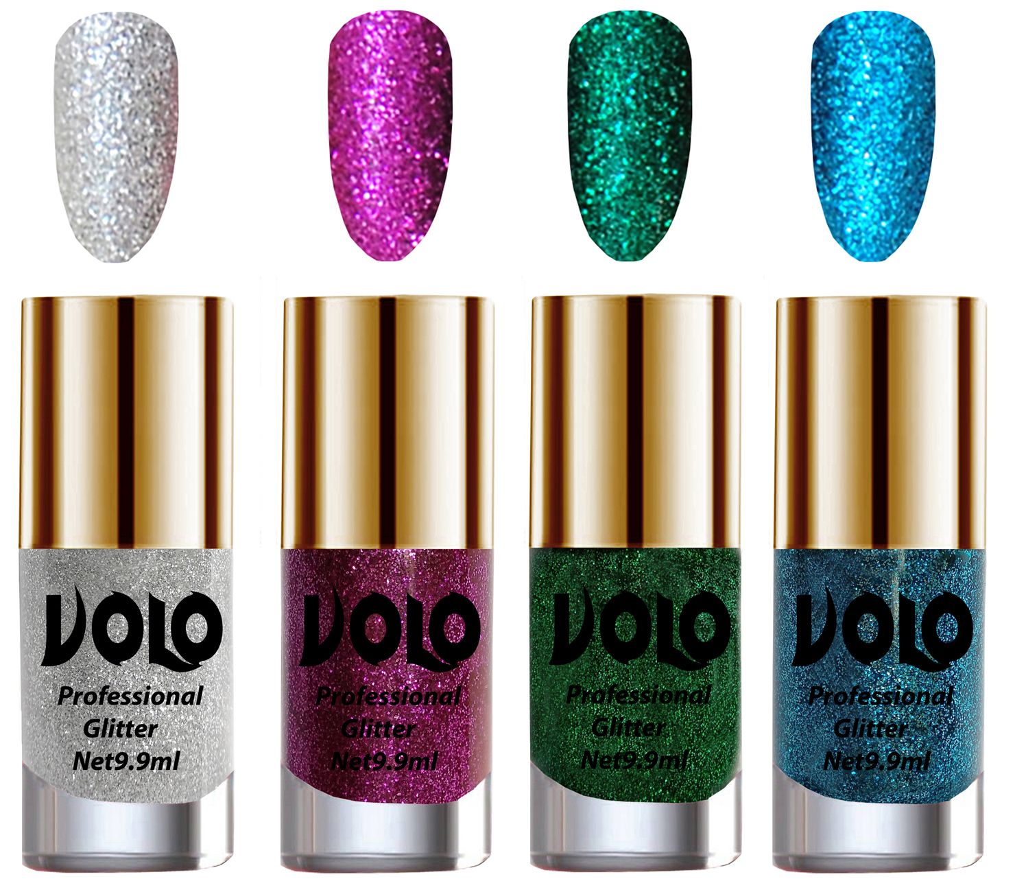     			VOLO Professionally Used Glitter Shine Nail Polish Silver,Purple,Green Blue Pack of 4 39 mL