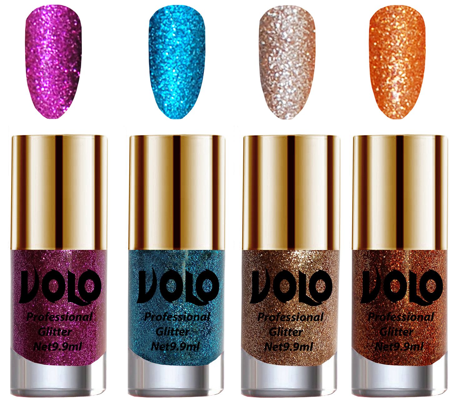     			VOLO Professionally Used Glitter Shine Nail Polish Purple,Blue,Gold Orange Pack of 4 39 mL