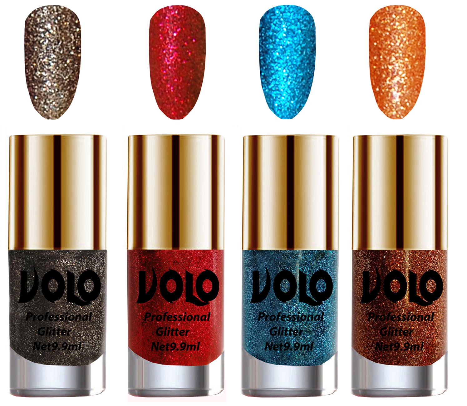     			VOLO Professionally Used Glitter Shine Nail Polish Grey,Red,Blue Orange Pack of 4 39 mL