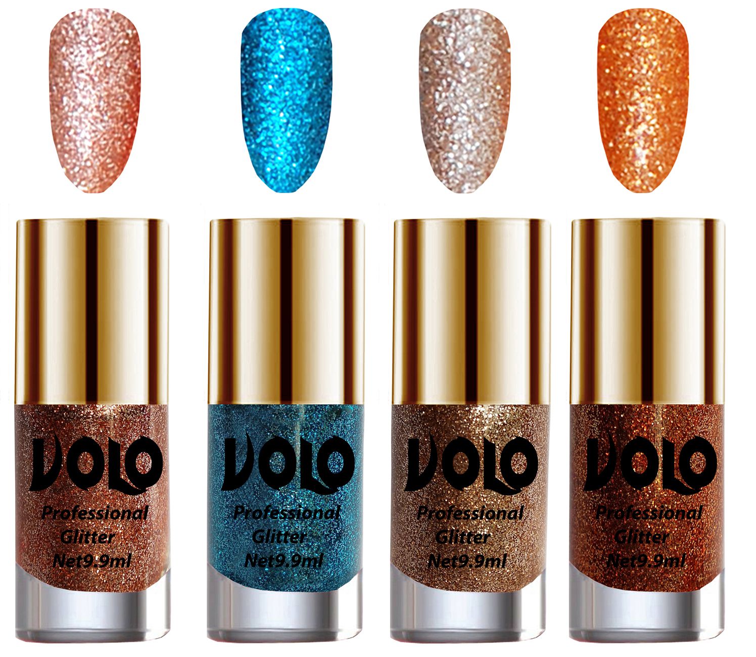     			VOLO Professionally Used Glitter Shine Nail Polish Peach,Blue,Gold Orange Pack of 4 39 mL