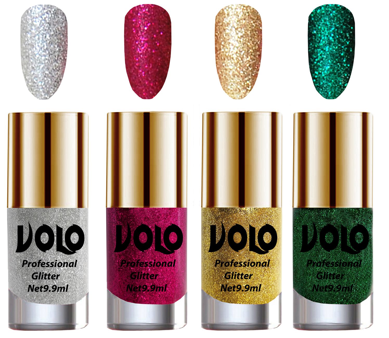     			VOLO Professionally Used Glitter Shine Nail Polish Silver,Magenta,Gold Green Pack of 4 39 mL