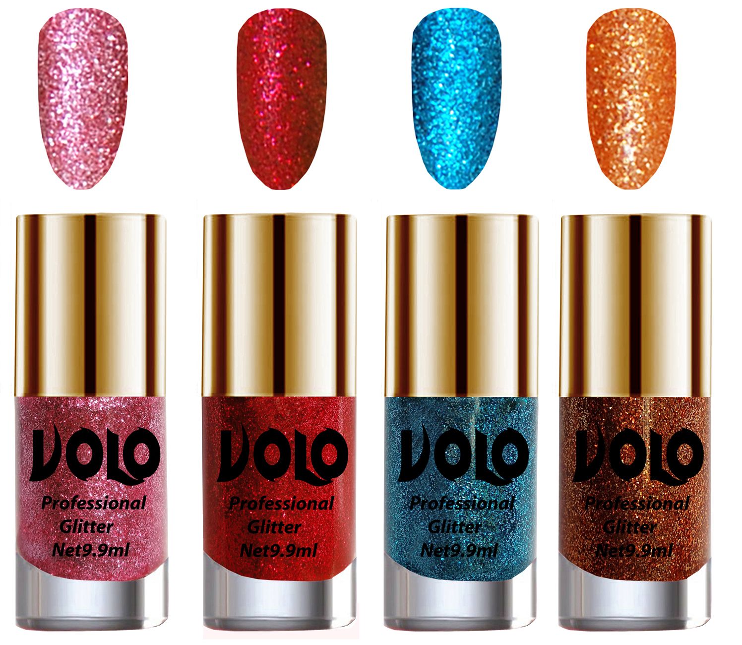     			VOLO Professionally Used Glitter Shine Nail Polish Pink,Red,Blue Orange Pack of 4 39 mL