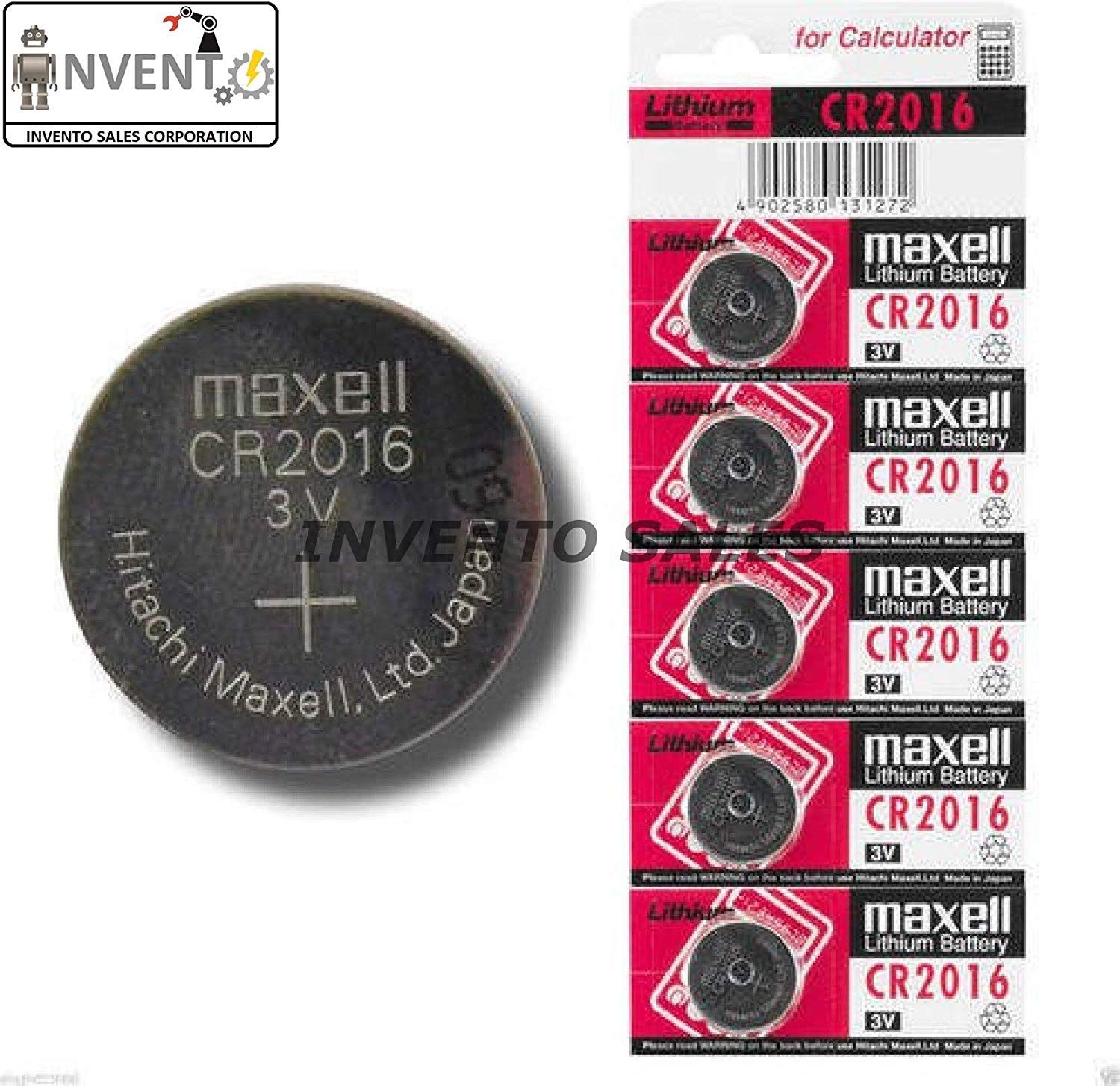 Invento 5pcs 3V CR2016 Li-ion Battery (Non-Rechargeable) CR 2016 Button Coin Cell Battery for Calculator Watch Electonic Devices