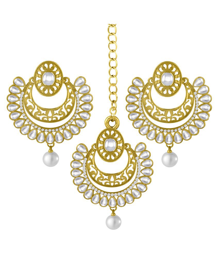     			Spargz Ethnic Wedding Wear Gold Plated Kundan & Pearl Maangtikka Earring For Women