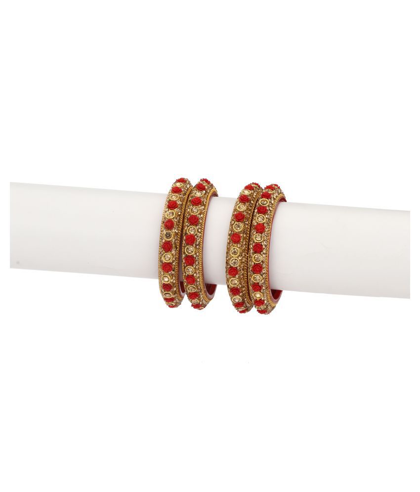     			Party Glass Bangle Set Ornamented With Beads For Spaical Look (Pack Of 4 Red Shining & Attractive