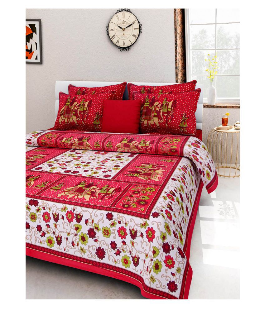     			Kismat Collection - Red Cotton Double Bedsheet with 2 Pillow Covers