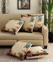 Brown, 16X16-inch Diwali /& Christmas Dupion Silk Golden Leaves Cushion Covers