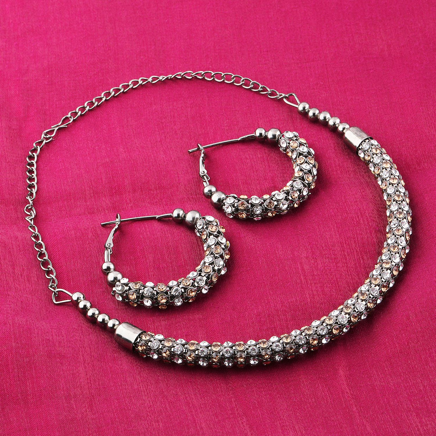     			Silver Shine Alloy Multi Color Choker Antique Necklaces Set