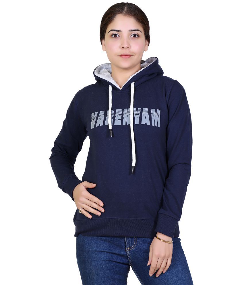     			Varenyam Cotton - Fleece Navy Hooded Sweatshirt