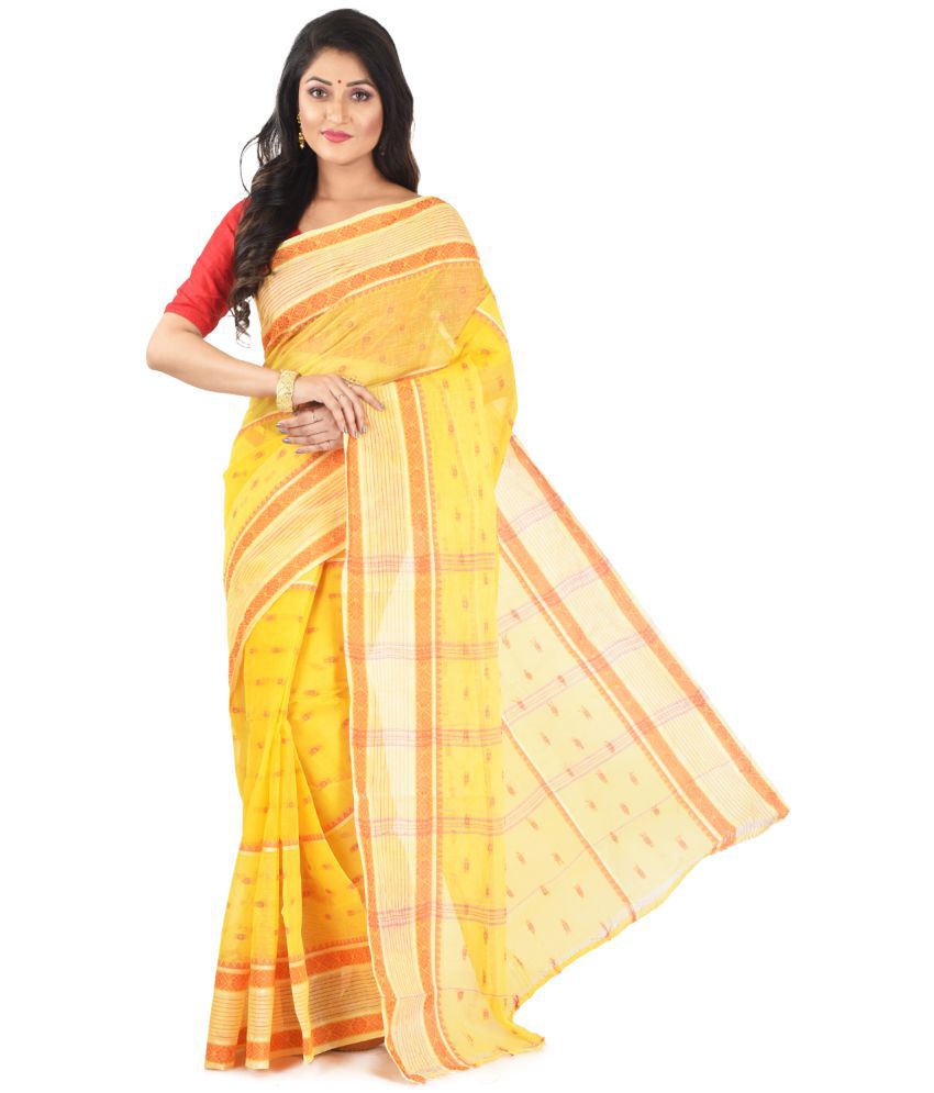     			Roy Enterprises Creation Yellow Bengal cotton Saree - Single
