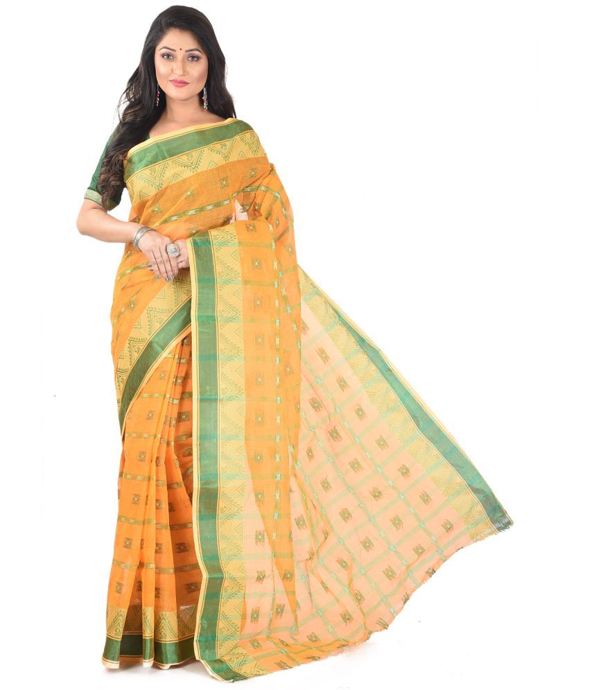     			Roy Enterprises Creation Yellow Bengal cotton Saree - Single