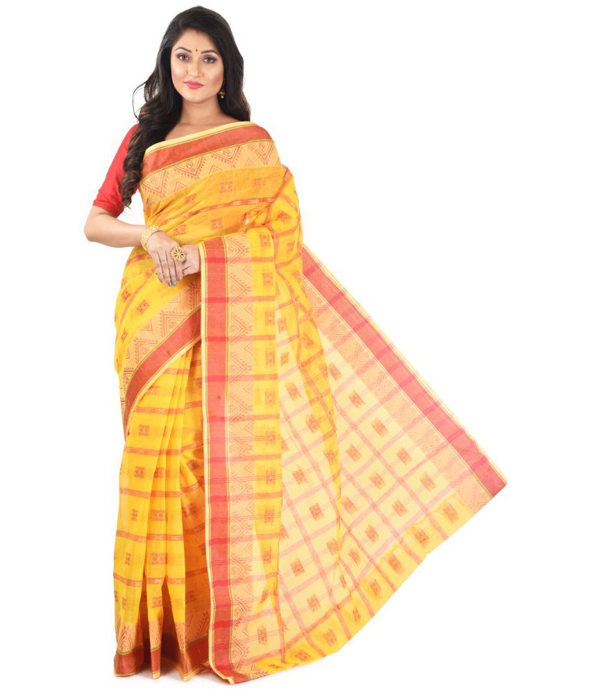     			Roy Enterprises Creation Yellow Bengal cotton Saree - Single